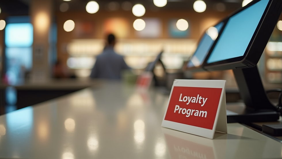 Close-up view of a retail store checkout counter with a loyalty program sign