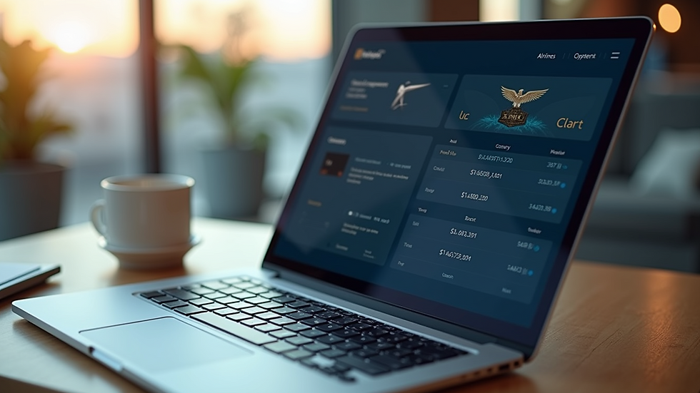 High angle view of a laptop screen showing an airline loyalty program dashboard
