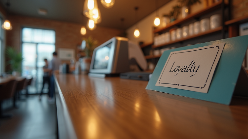 Eye-level view of a coffee shop counter with a loyalty card displayed