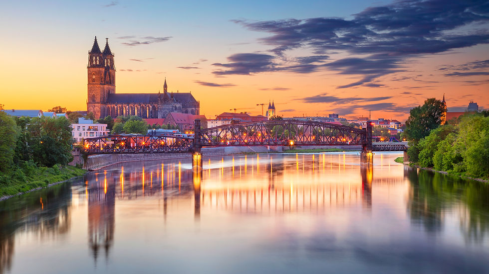 Magdeburg, Germany Cityscape image of Magdeburg, Germany with reflection of the city in th