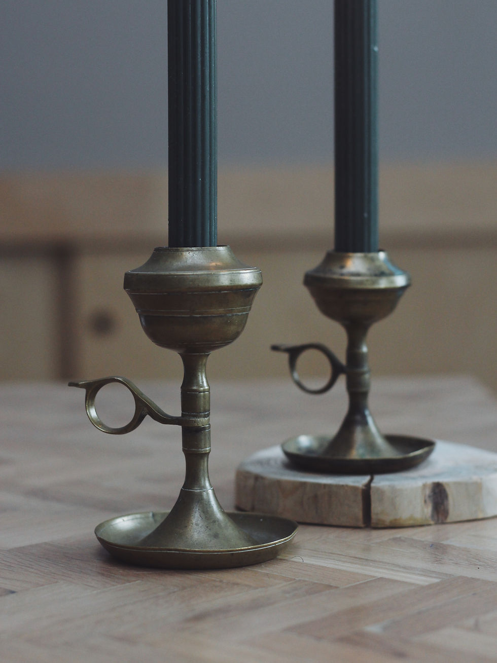 Thumbnail: VINTAGE RUSTIC BRASS CANDLE HOLDERS WITH A HANDLE SET OF 2
