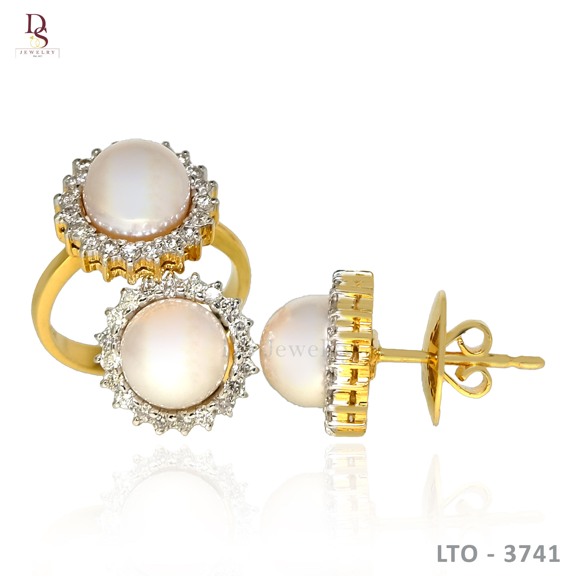 14K-YG Pearl with Diamond Set of Ring and Earrings