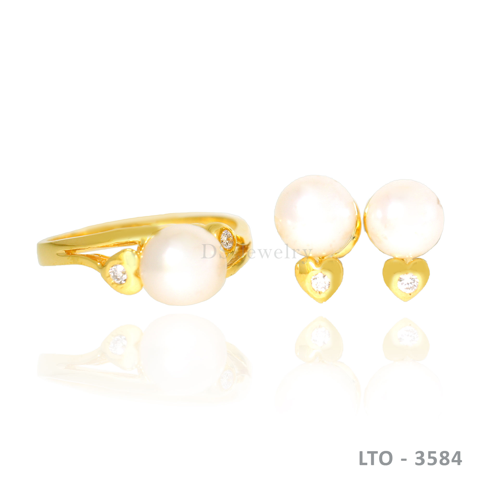 14K-YG Pearl with Diamond Set of Ring and Earrings