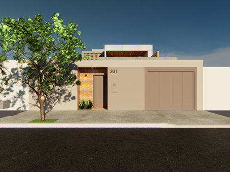 Fachada de casa térrea contemporânea com volumetria simples em tons neutros. O muro frontal possui portão de garagem marrom e entrada social com revestimento em tijolinho aparente. Há uma árvore na calçada e paisagismo com plantas próximas à entrada. No pavimento superior, um terraço com forro amadeirado aparece parcialmente.
