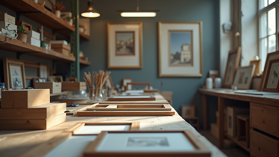 Eye-level view of a custom framing workshop filled with various frames