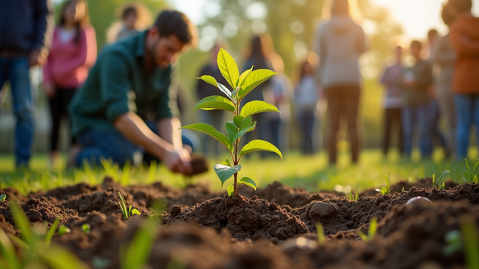 Wide angle view of a community tree planting event