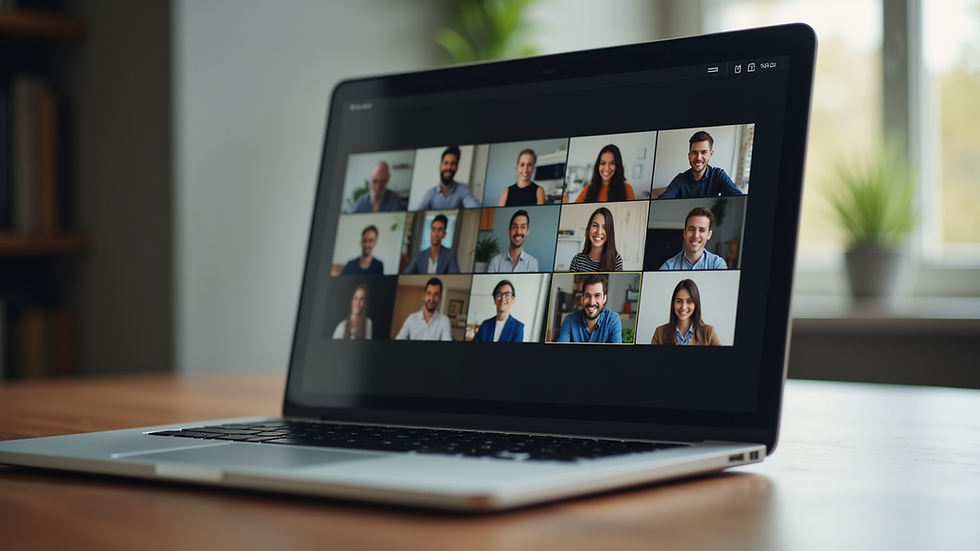 Eye-level view of a laptop displaying a virtual meeting interface