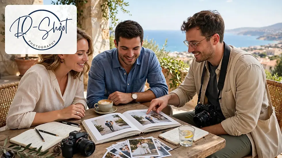 Couple reviewing a wedding album and timeline notes with their Cyprus wedding photographer on a sea view terrace