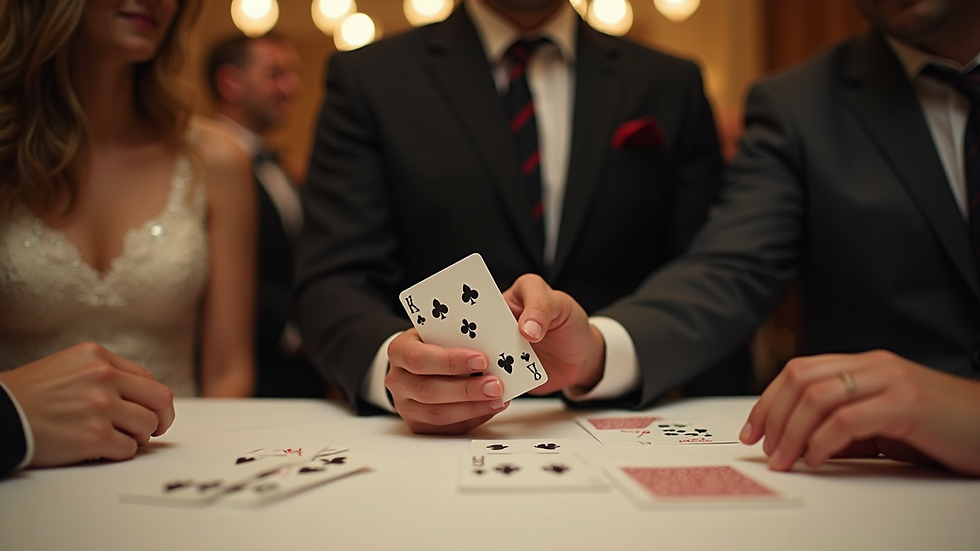 Eye-level view of a magician performing close-up card magic at a wedding table