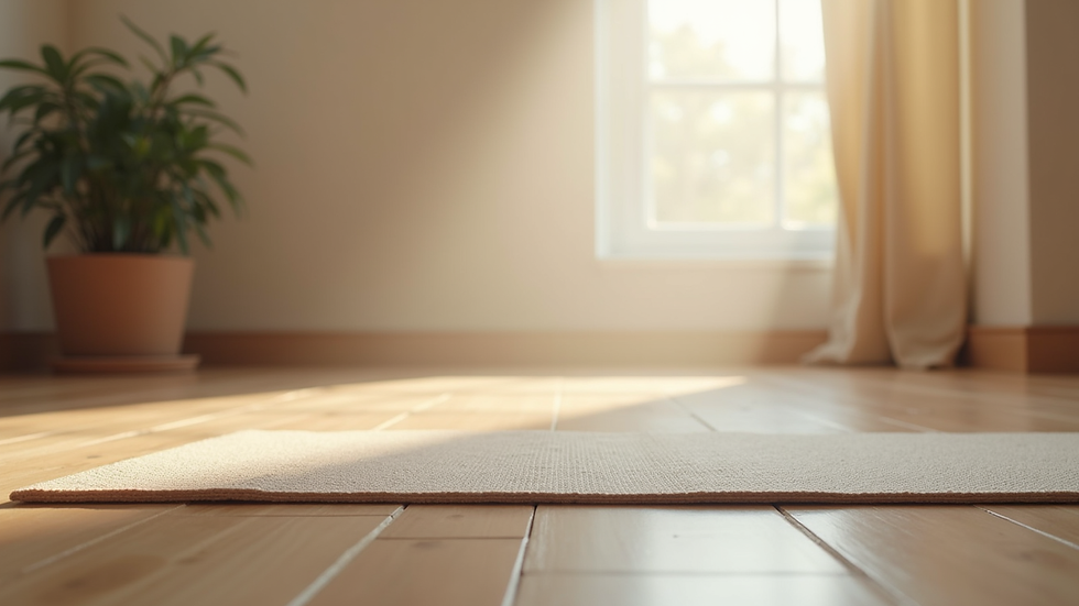 Eye-level view of a serene yoga mat set up in a peaceful room