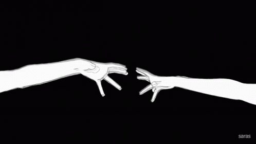 Two white, animated hands reaching towards each other on a black background. Text "saras" in the corner. Mood is mysterious and tense.