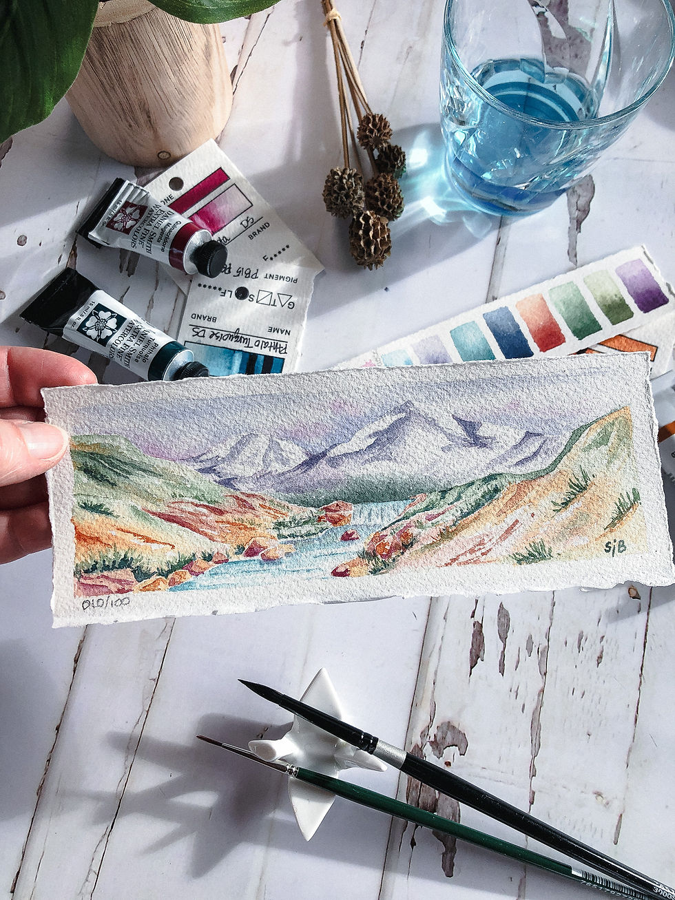 Thumbnail: watercolor landscape of mountain stream and waterfall flowing from mountain range, colorful, artist holding