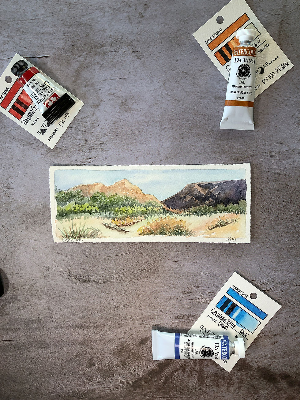 Thumbnail: small landscape painting of high mountain prairie by Sheryl Brake, unframed with artist pigments