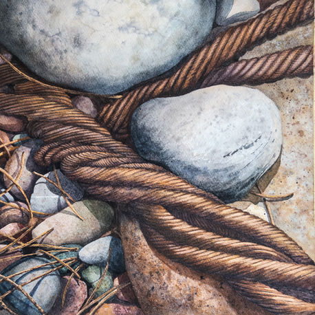 Watercolor painting of weathered river cables, focusing on texture and form along the North Platte River.