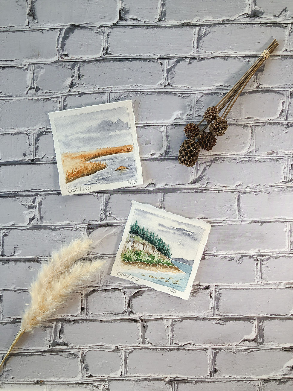 Thumbnail: watercolor painting of water surrounded by golden grasses paired with Rocky Shore