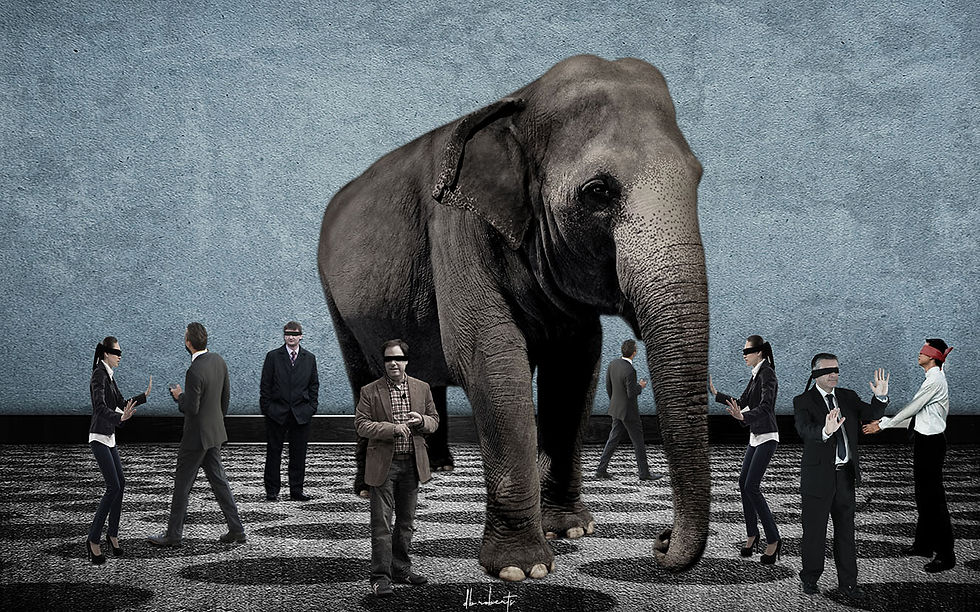 An elephant in a room, surrounded by blindfolded people trying to identify it.