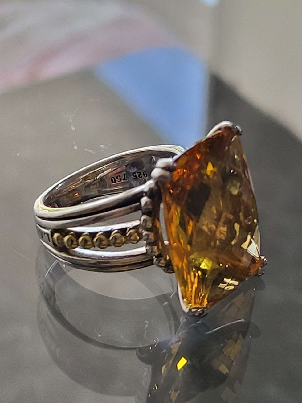 Thumbnail: Lagos Caviar Silver 18k Gold Large Cushion Checkerboard Citrine Cocktail Ring