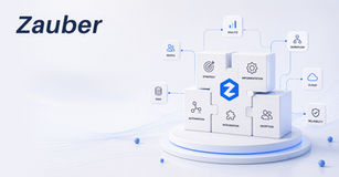 Zauber – trusted Zoho Partner in India showcasing business automation, workflow integration, analytics, cloud solutions, implementation, and adoption services through a modern 3D digital transformation illustration with Zoho-inspired branding.