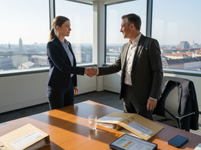 Geschäftspartner aus dem B2B-Bereich besiegeln ihre Zusammenarbeit mit einem Handschlag im Büro.