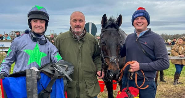 Jeremy Hill (centre) with James King and trainer's son Joe Hill (no relation) after Drayton Flyer's win