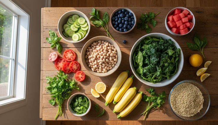 Overhead view of colorful summer vegetables, berries, beans, and herbs arranged for a nourishing meal.
