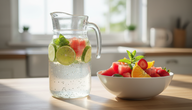 Close-up of cucumber mint water beside watermelon, berries, citrus slices, and chia seeds.