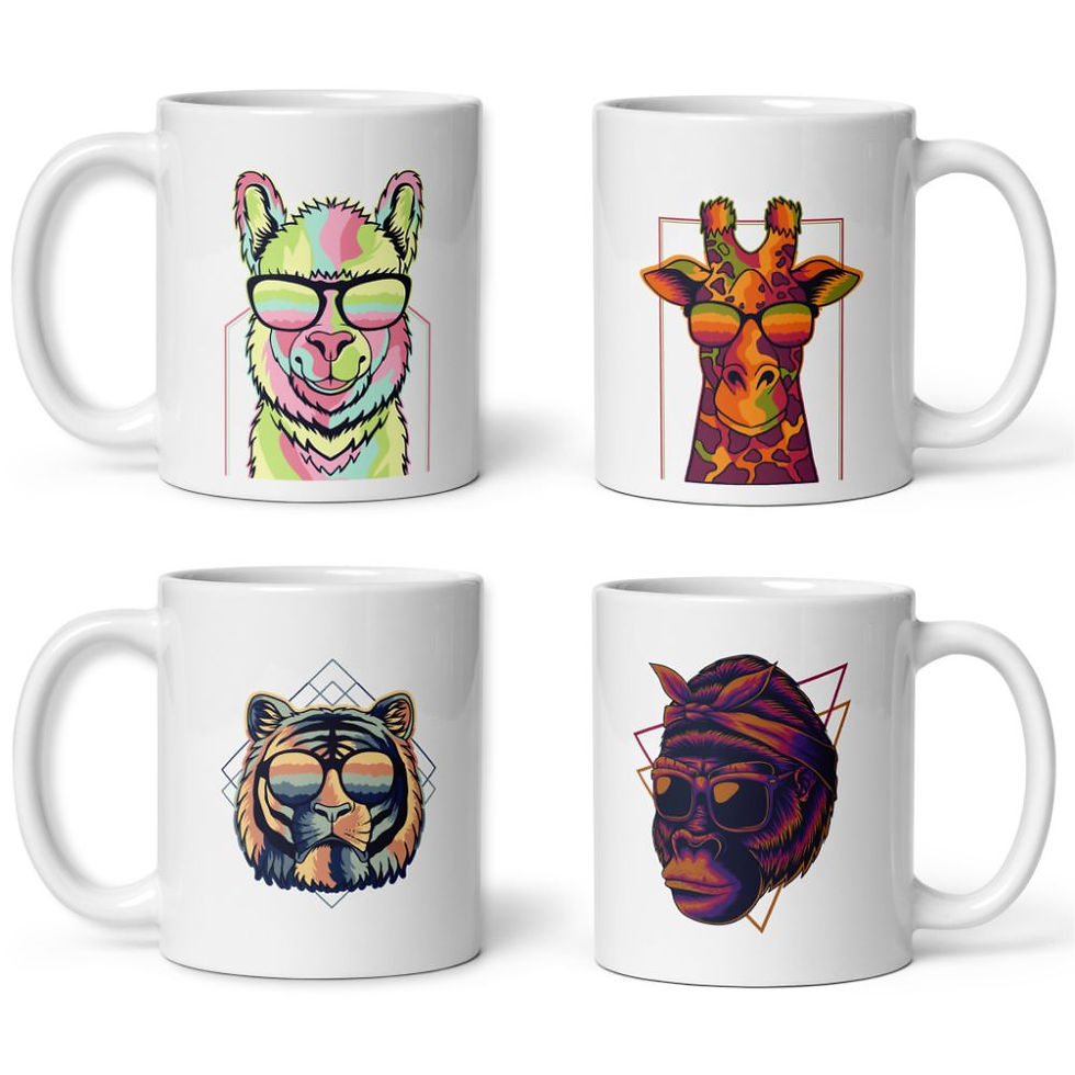 Hipster Animals With Glasses Coffee Mugs: Lama, Giraffe, Monkey, Lion, Tiger