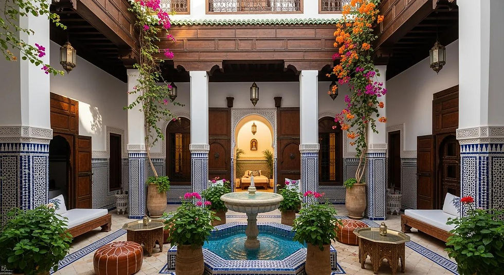 A serene Moroccan riad courtyard with fountain, tilework, carved wood, and flowers