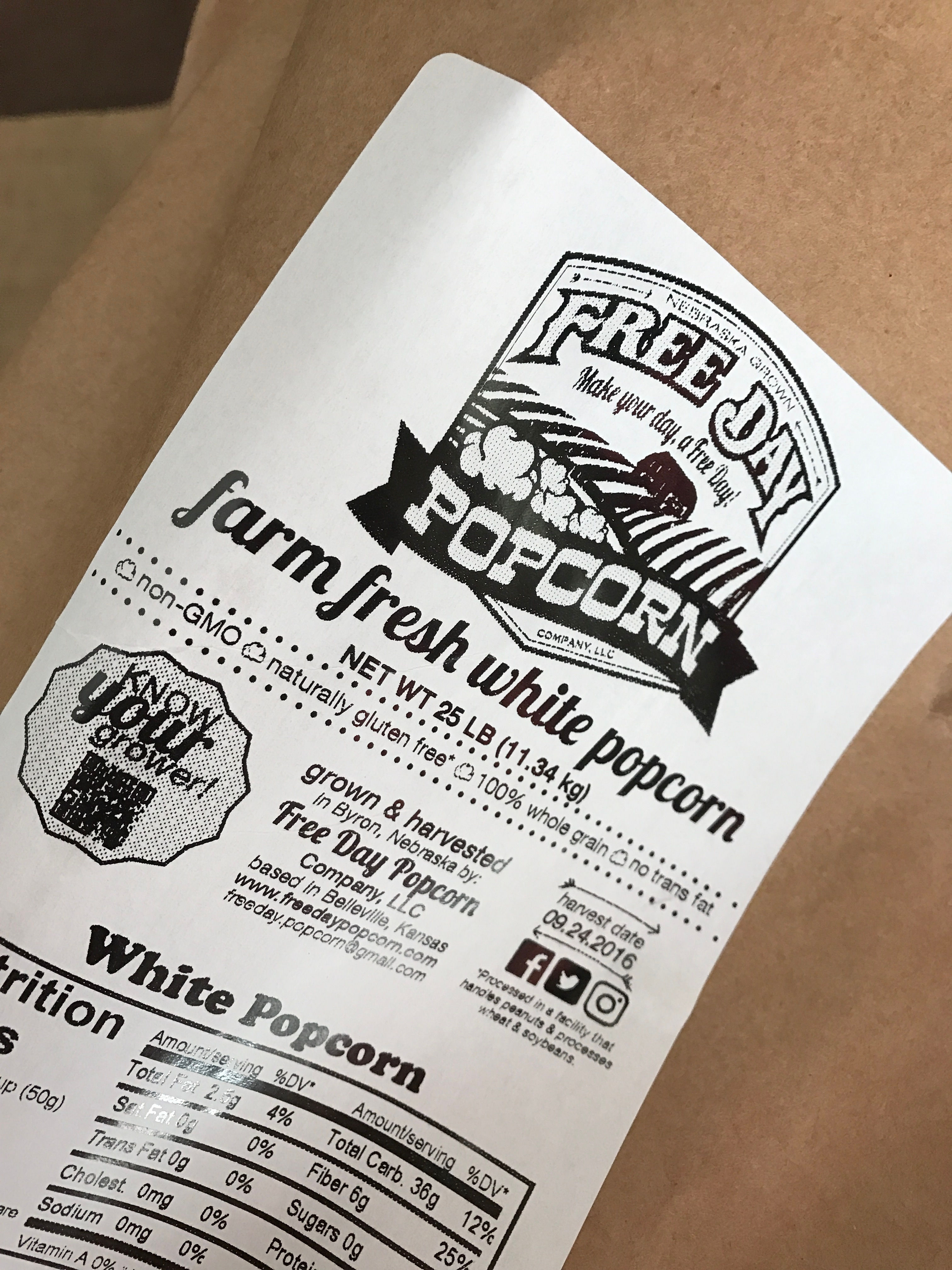 White, 25lb Kraft Paper Bag of Farm Fresh Non-GMO Popcorn