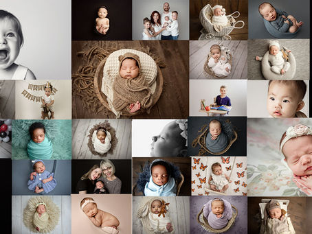 Collage of newborn, baby, and family portraits from the Tiny Details studio, featuring wrapped newborns, milestone babies, and parent–child moments styled in soft neutral tones.