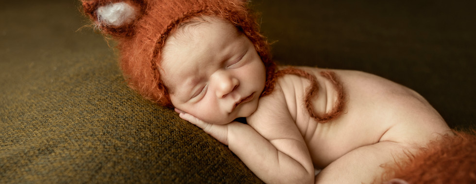 Newborn baby Luca in woodland-inspired newborn photography setups featuring a fox bonnet, rustic wraps, warm fall colors, and close-up newborn details in an Aurora Colorado studio.