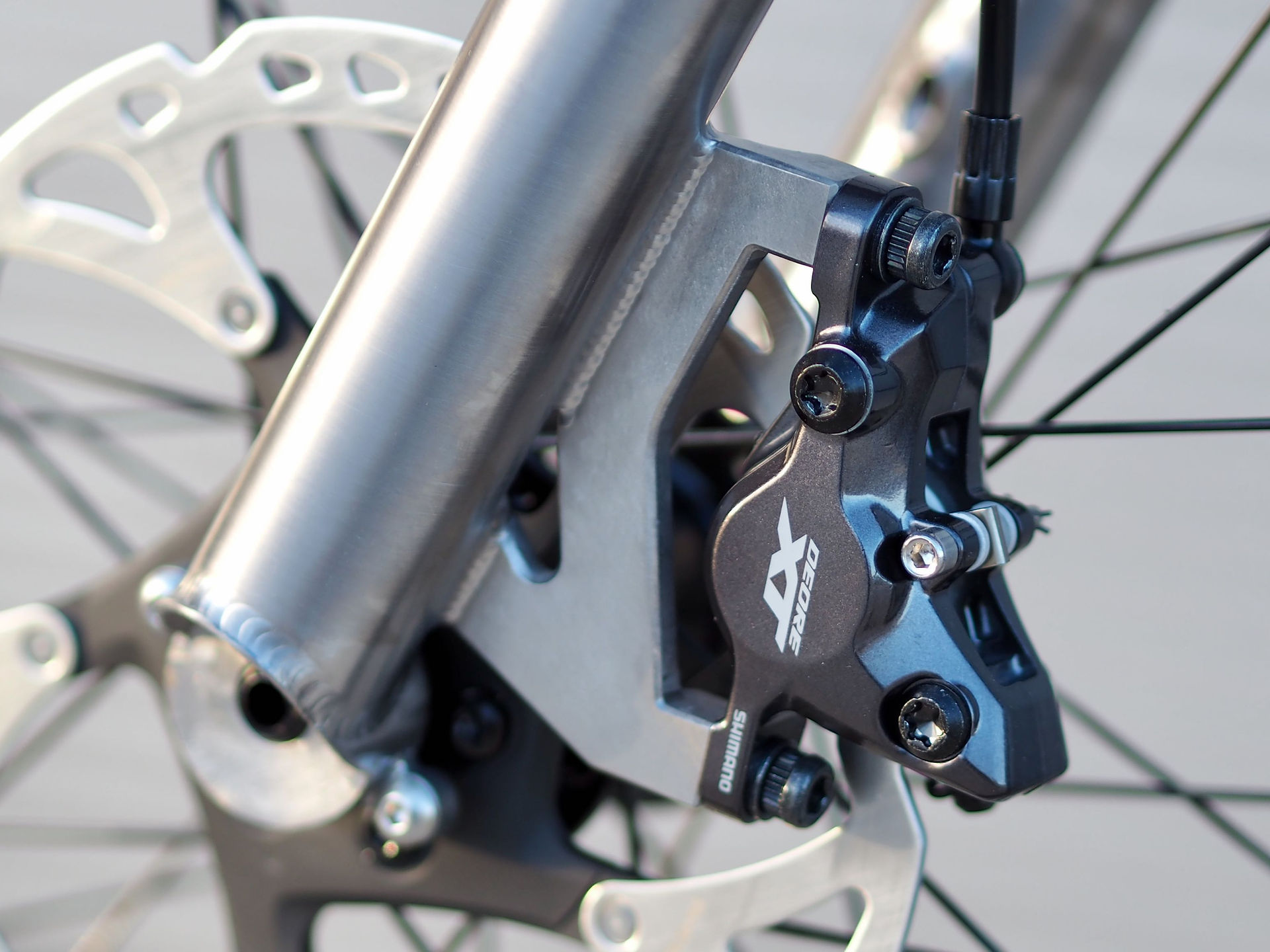 Close up of the Shimano XT calipers on the Nua Roure Rohloff bikepacking bike