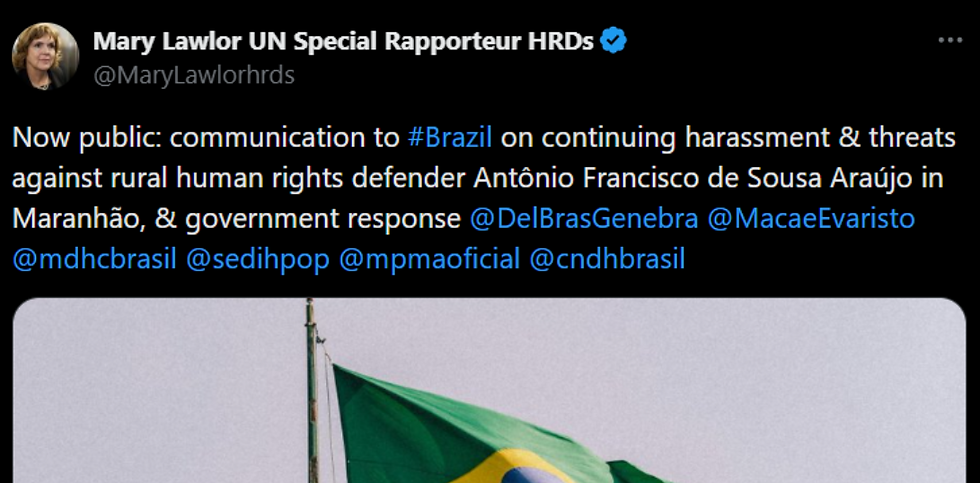 (imagem: print da publicação de Mary Lawlor no X, após a divulgação da resposta do Brasil à ONU)