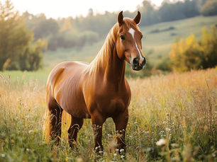 Chestnut horse stands in sunlit meadow with tall grass and wildflowers, wooded hills in the background. Tranquil and serene atmosphere.