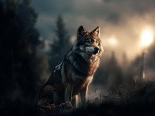 Wolf in misty forest at sunrise, with soft light highlighting its fur, creating a serene and majestic mood against blurred trees.