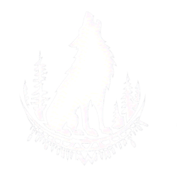 Small icon of a lone wolf howling at the sky with fir trees in the background.