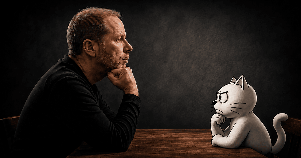 Illustration of author Lorenzo Guescini and Chester the cartoon cat sitting at a table mirroring each other in deep thought.