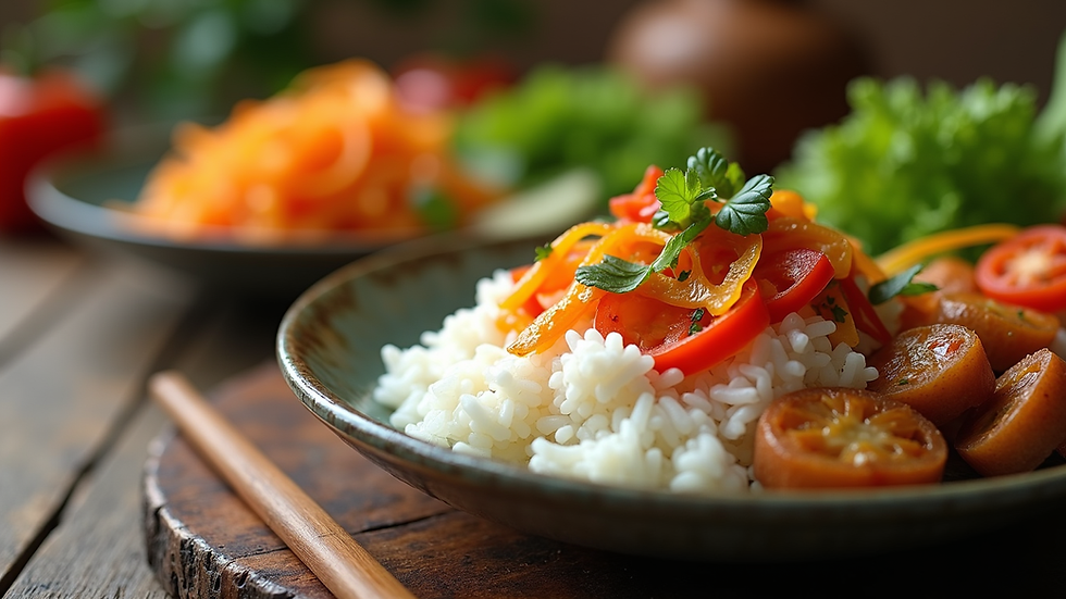 Eye-level view of a neatly packed tingkat meal with colorful vegetables and rice