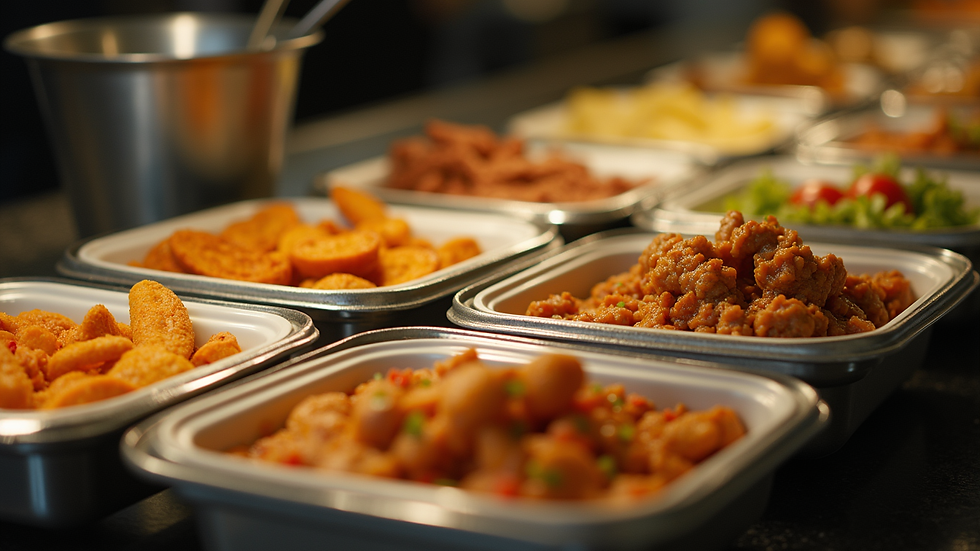 High angle view of catering trays filled with various tingkat meals