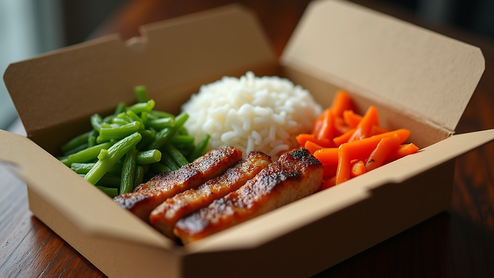 Close-up view of a tingkat box showing portioned vegetables, protein, and rice