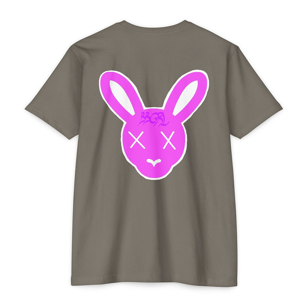 Gray t-shirt featuring a pink rabbit design