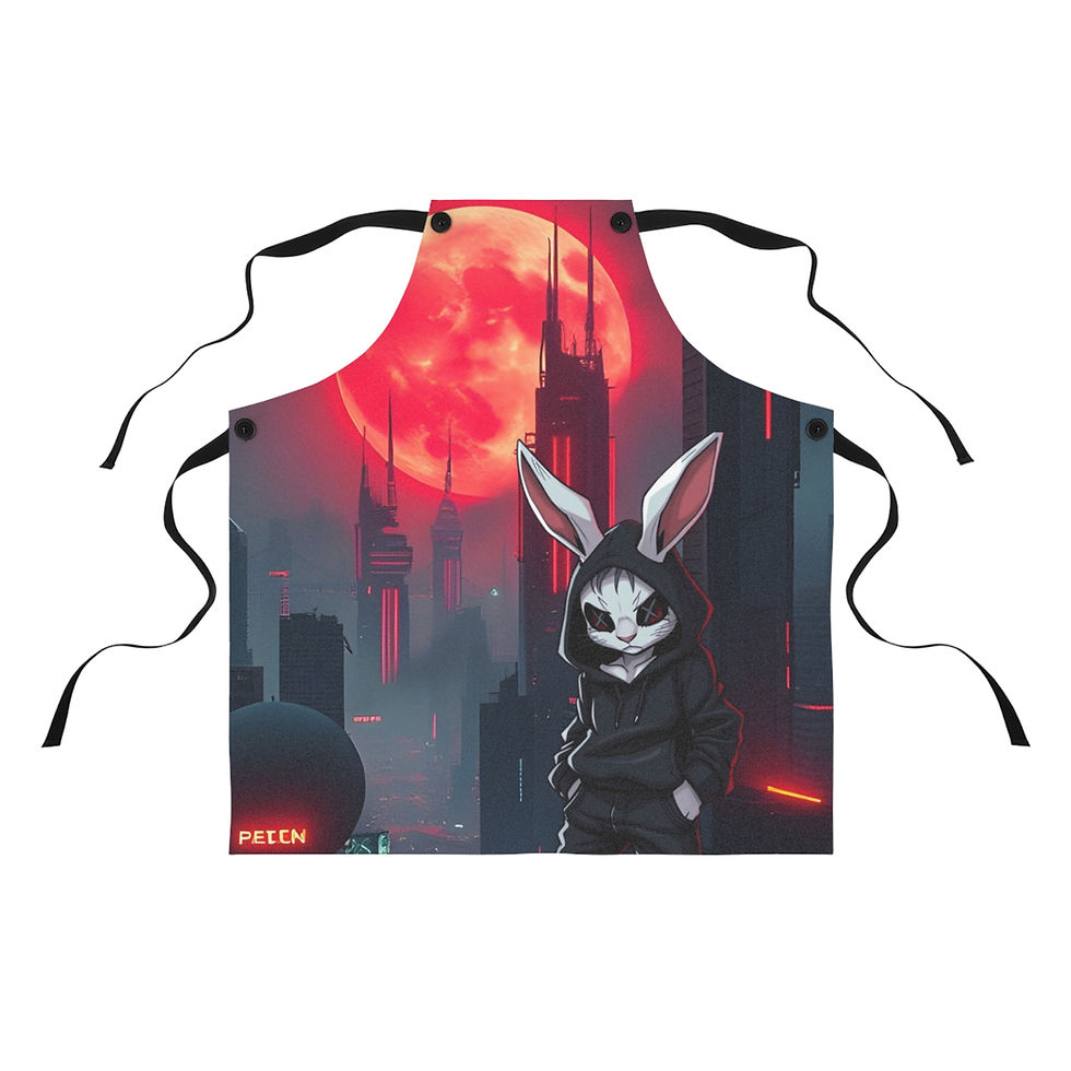 Apron featuring hooded rabbit, red moon, and futuristic city