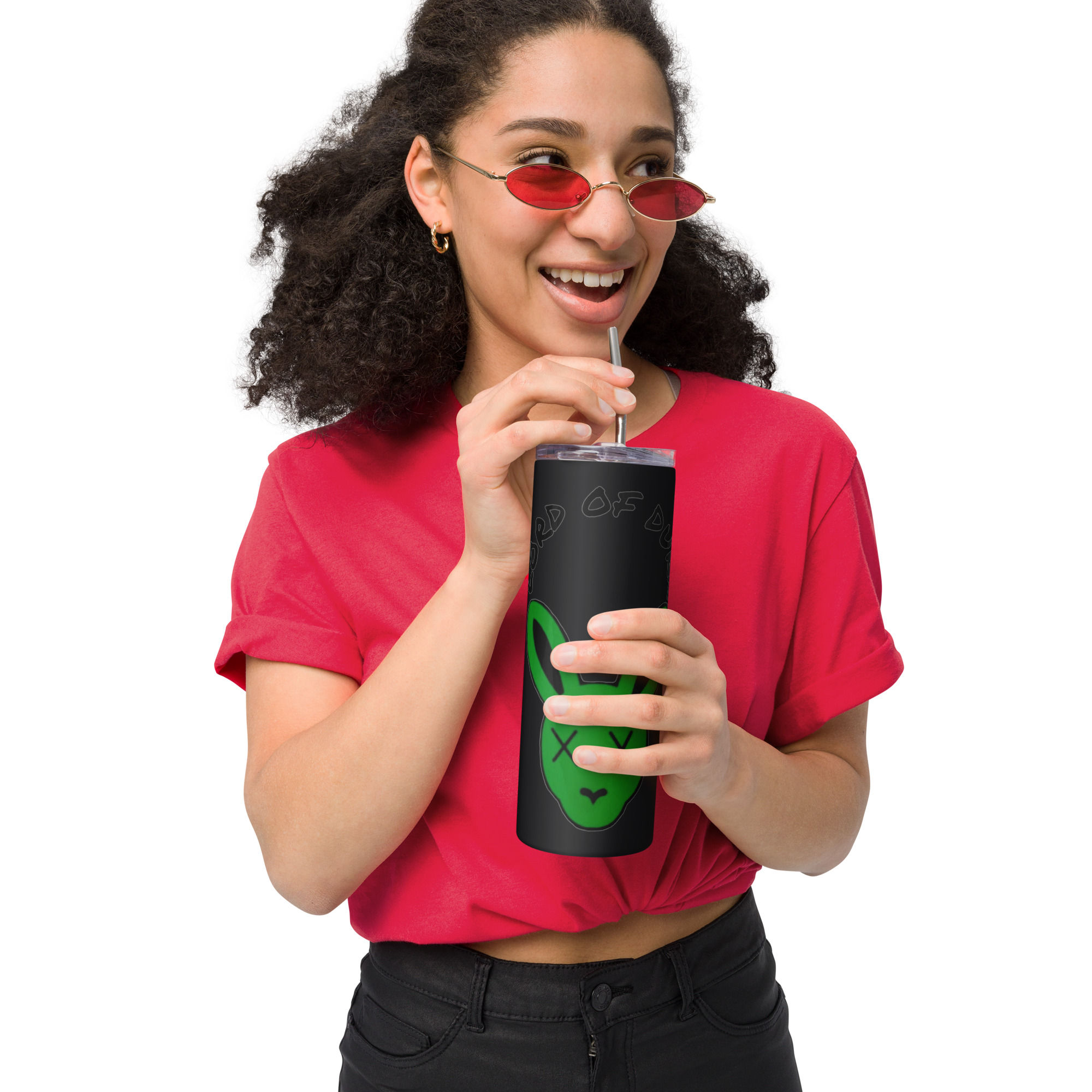Woman enjoying Red City SRabbit stainless steel tumbler