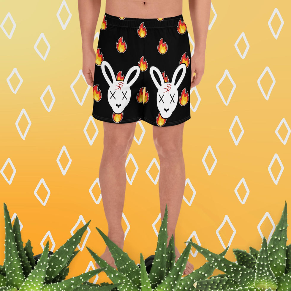 Model wearing black bunny fire shorts