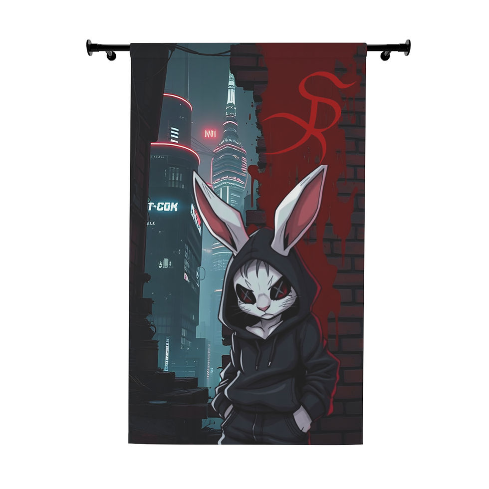 Anthropomorphic rabbit in cyberpunk city tapestry