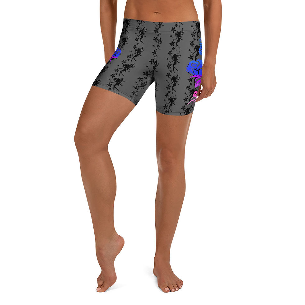 Woman in gray floral print athletic shorts