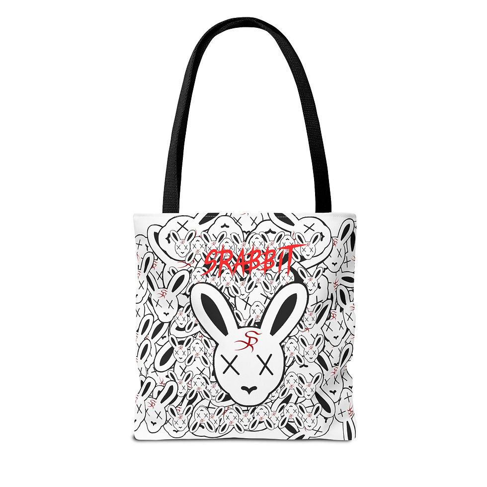 White tote bag with bunny pattern and Srabbit.co logo