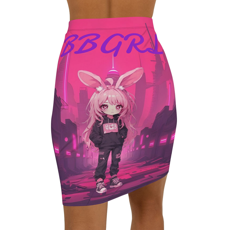Anime BBGRL pencil skirt: pink, bunny girl design, cyberpunk city backdrop