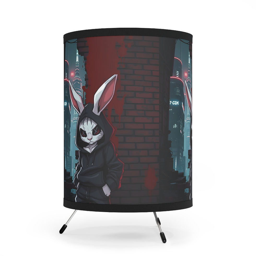 Cylindrical lampshade with creepy rabbit illustration