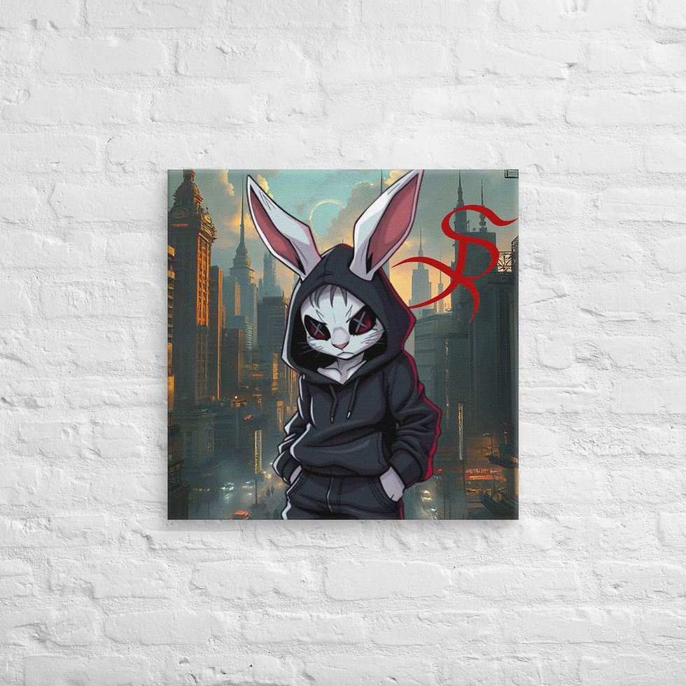 Thumbnail: Hooded rabbit art print, urban backdrop, SRabbit Fine Art Poster